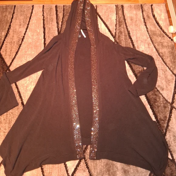 EUC S-Twelve Size 1X Goth Black Hooded Rhinestone Draped Cardigan!! - Picture 6 of 10